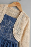 Denim Blue Embroidered Dress With Crochet Shrug For Girls