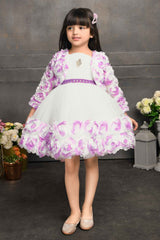 White Frock With Purple Floral Embellished For Girls