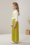 Girls White Floral Embroidered Top with Mustard Pleated Palazzo Pant Set