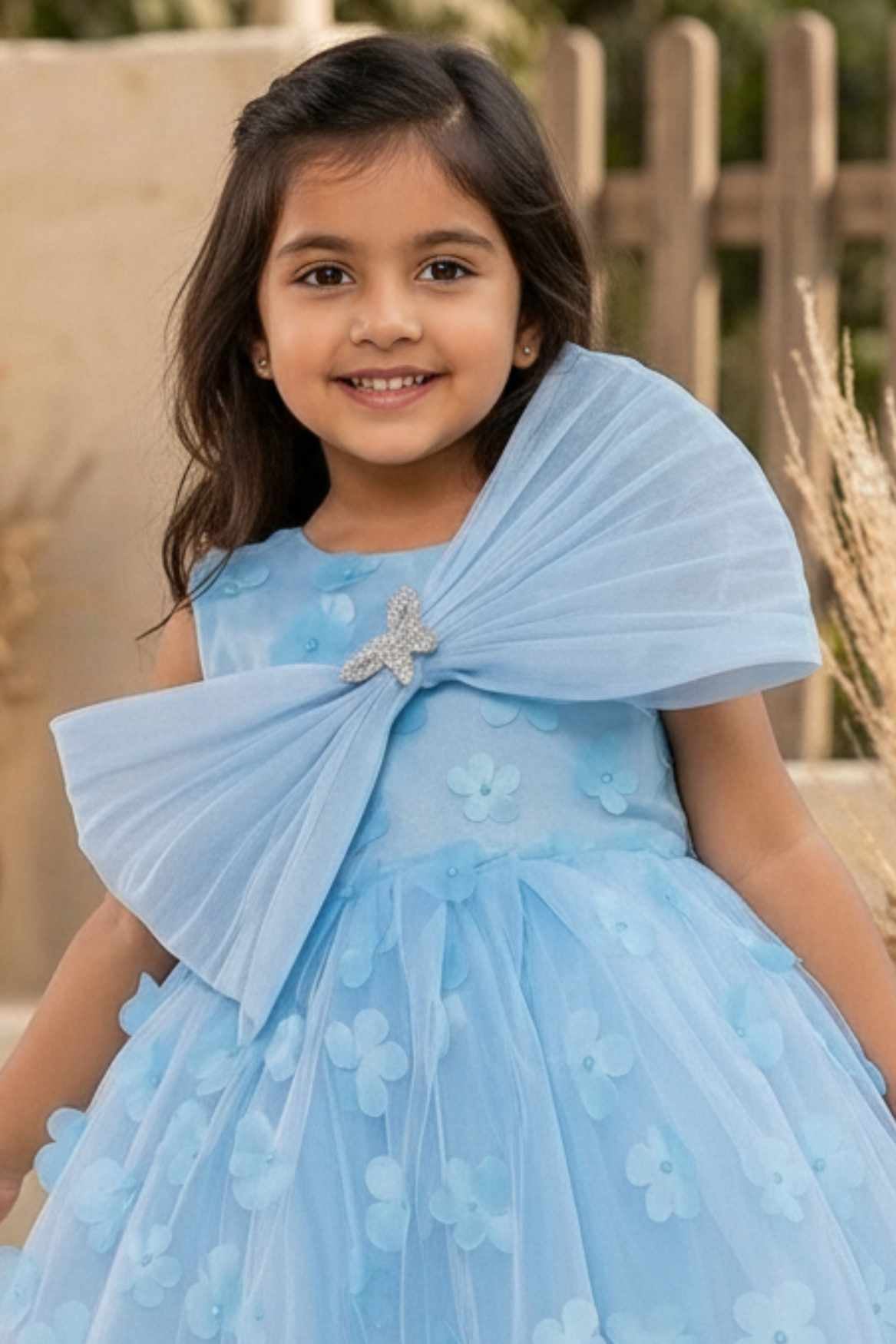 Blue 3D Floral Embellishments Party Wear Frock For Girls