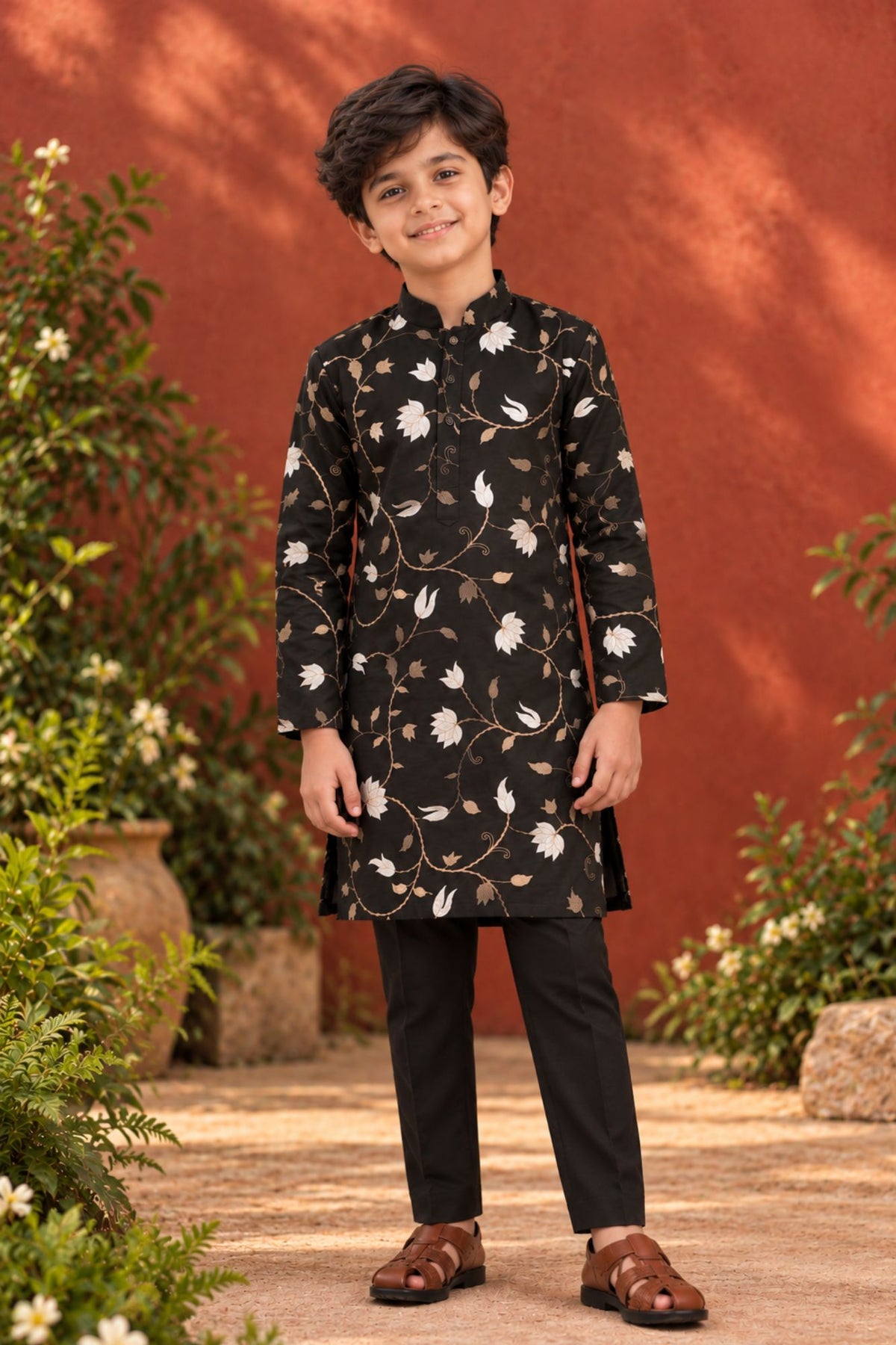 Boys Black Kurta Pajama Set with Floral Gota Patti And Sequin Work