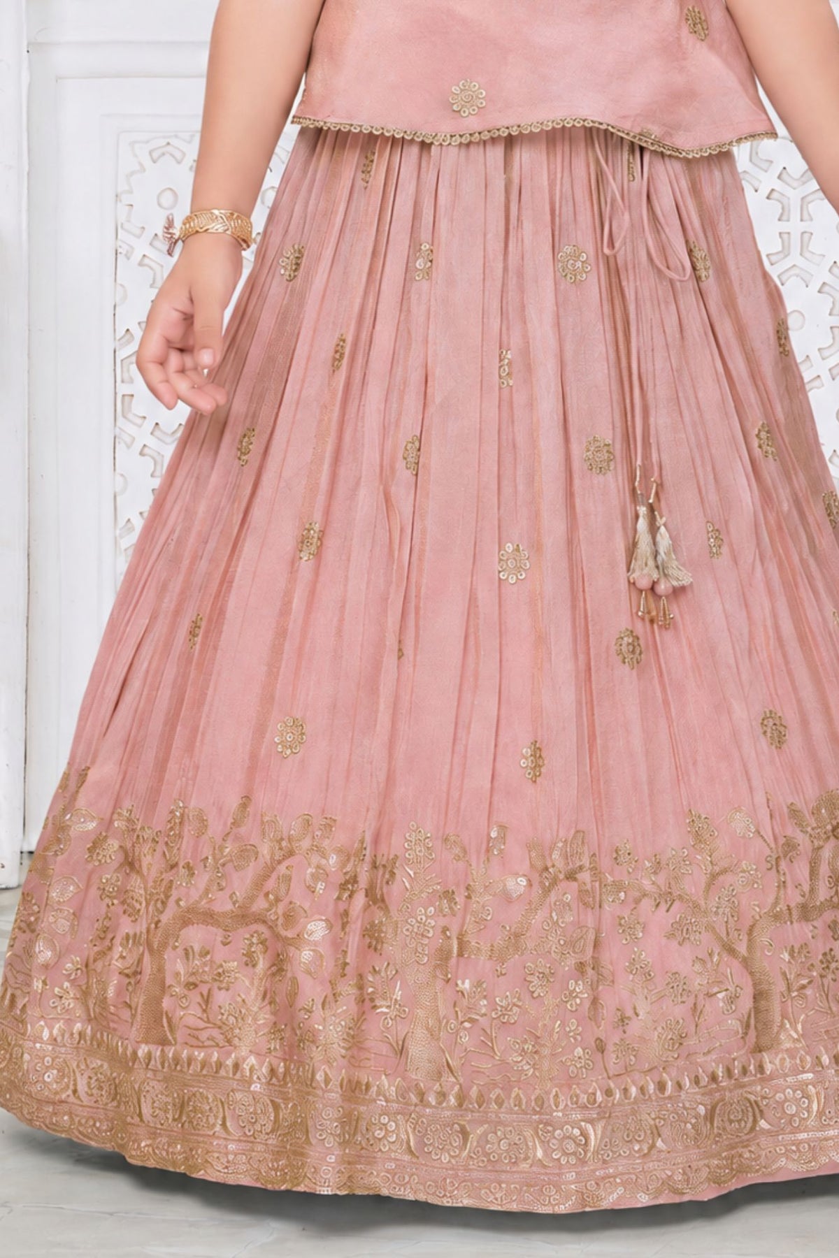 Girls Elegant Peach With Gold Embroidered Lehenga Choli Set