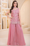 Pink Embroidered Georgette Palazzo Set For Girls