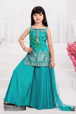 Rama Green Bandhani Brocade Mirror Work Palazzo Set with Dupatta For Girls