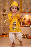 Boys Mustard Yellow Krishna Printed Dhoti Set with Accessories