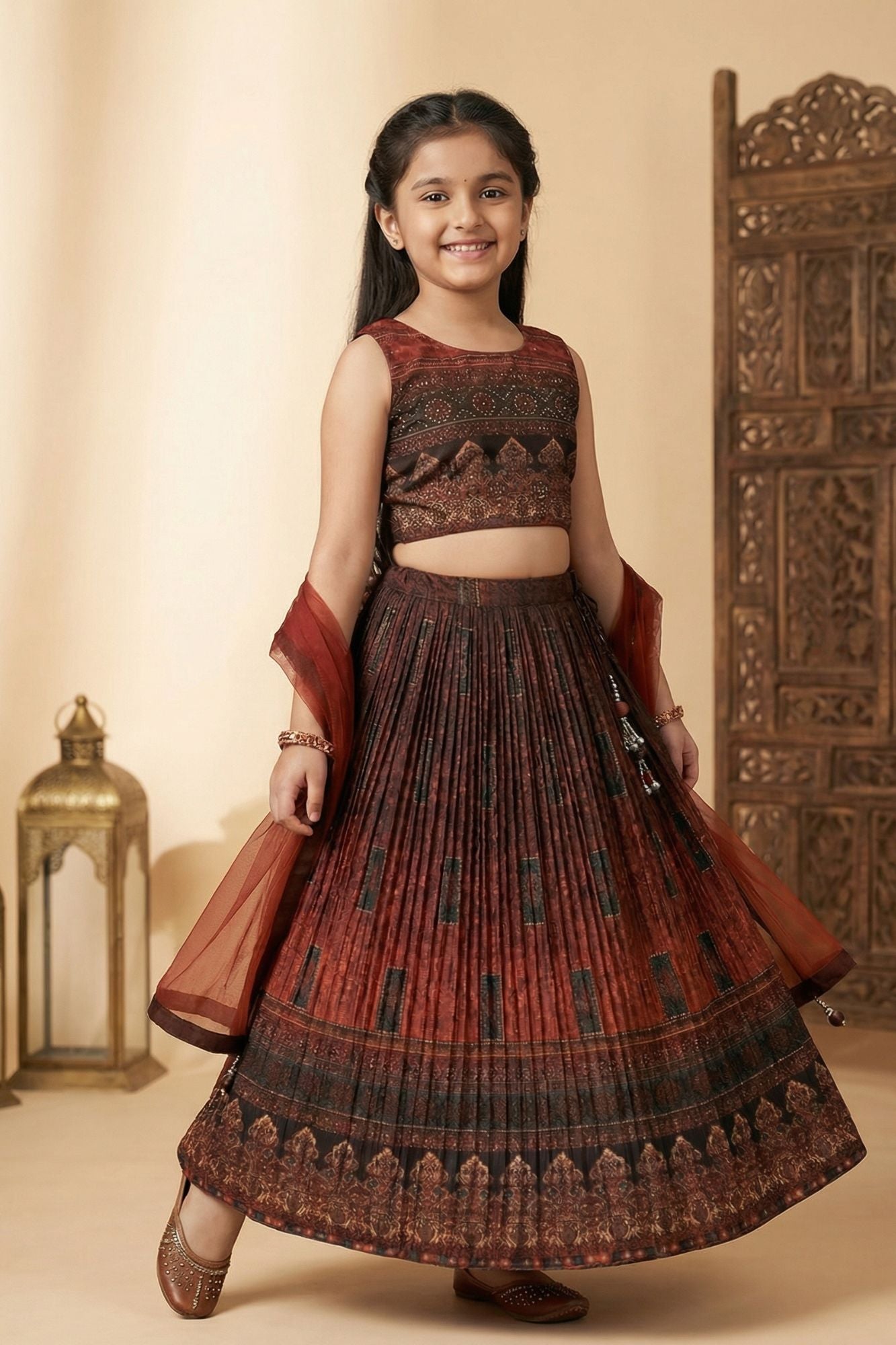 Brown Printed Crop Top with Pleated Lehenga and Dupatta For Girls