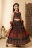 Brown Printed Crop Top with Pleated Lehenga and Dupatta For Girls