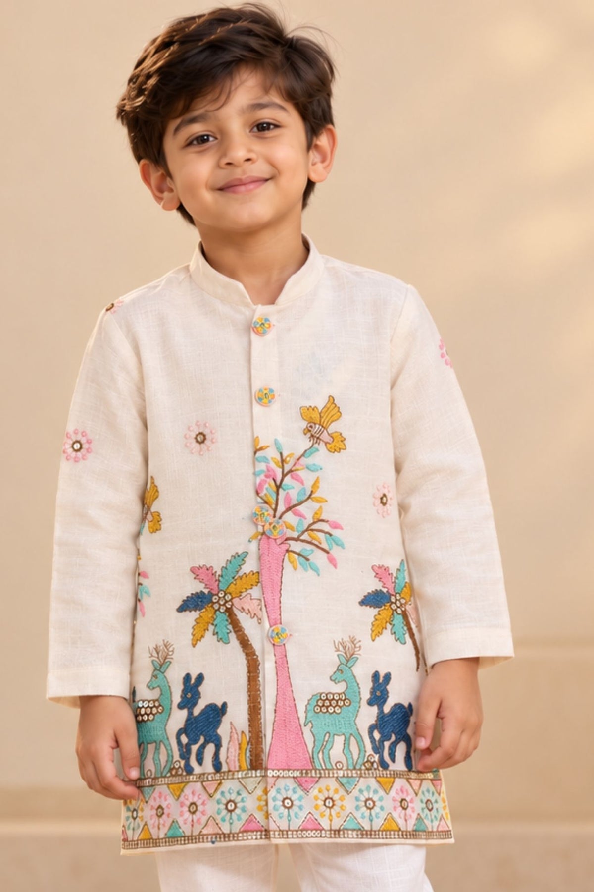 Boys Cream Embroidered Kurta Pant Set