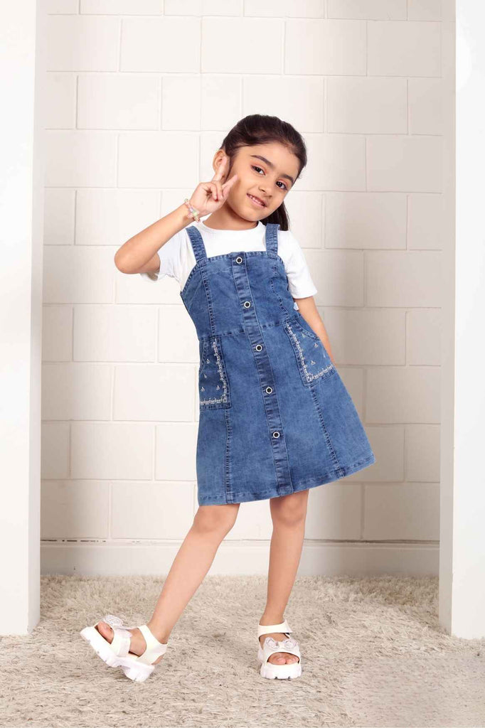 Blue Denim Stylish Dungaree Set With White T-Shirt For Girls