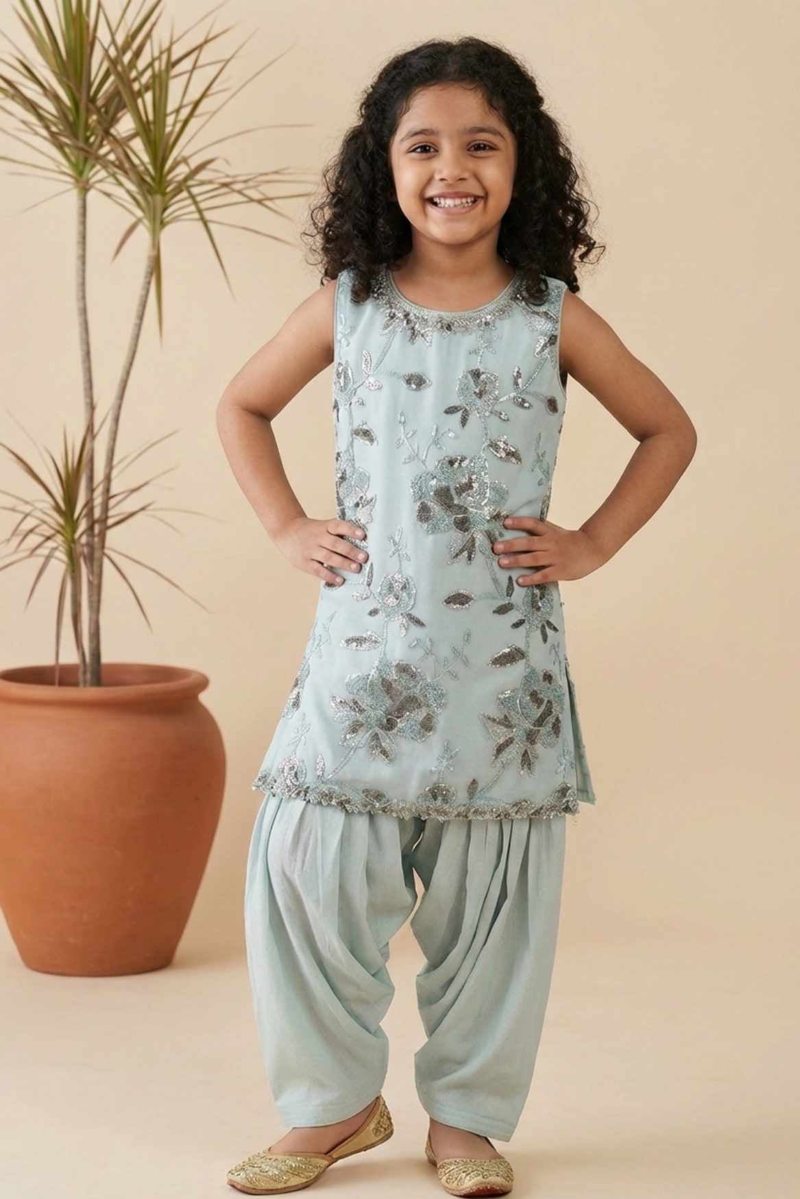 Ice Blue Floral Sequin Embroidered Patiala Set For Girls