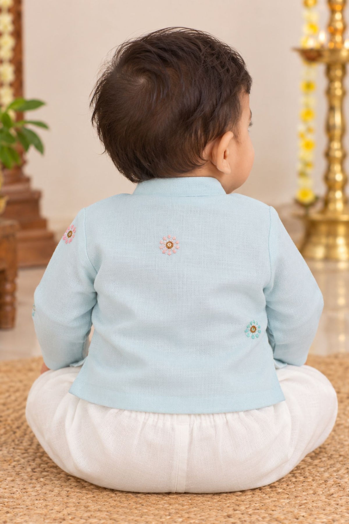 Boys Light Blue Embroidered Kurta Pant Set