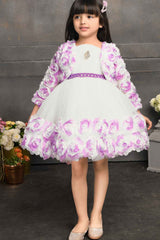 White Frock With Purple Floral Embellished For Girls