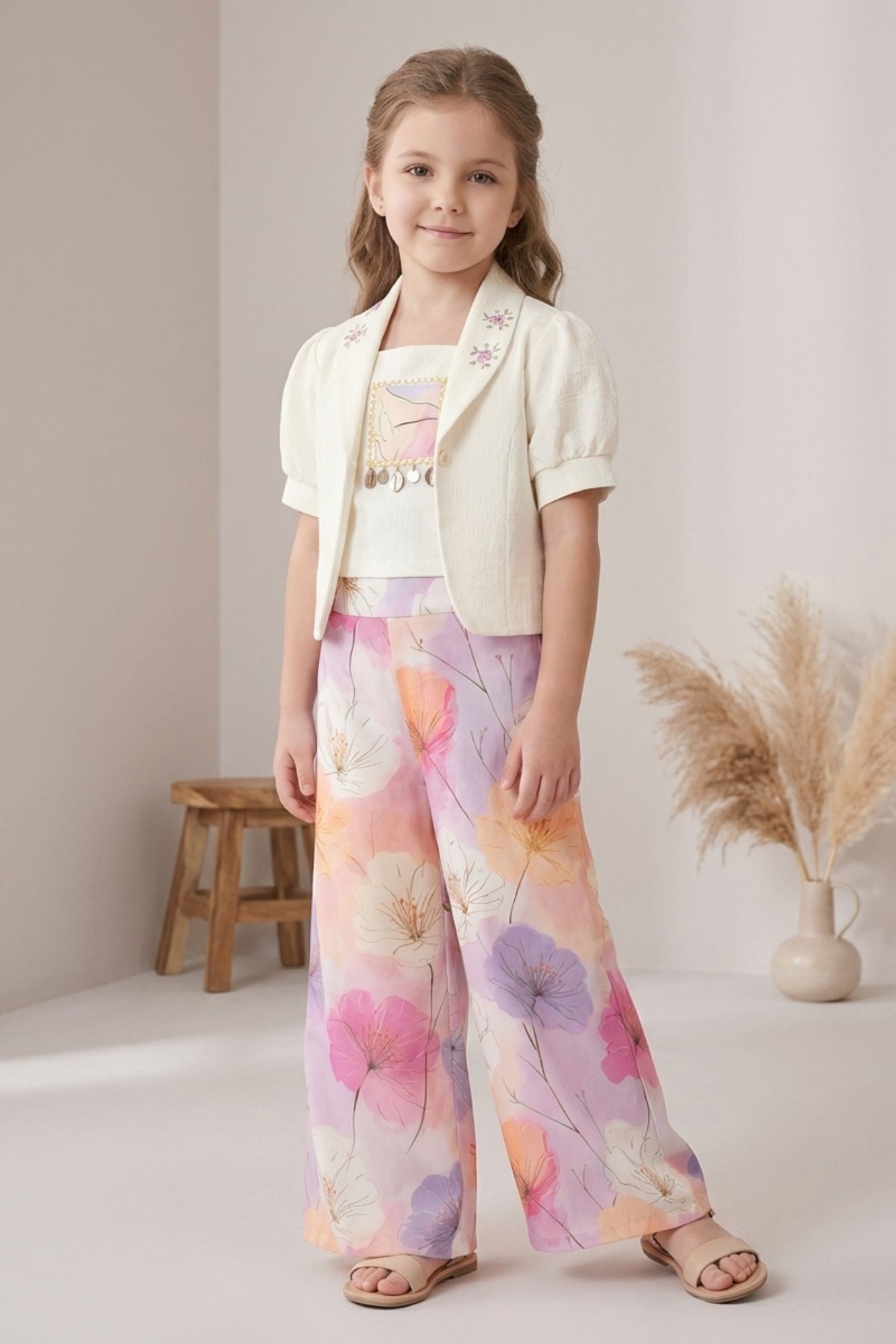 Girls White Floral Printed Co-Ord Set with Jacket and Wide-Leg Pants
