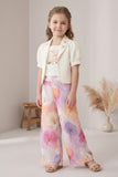 Girls White Floral Printed Co-Ord Set with Jacket and Wide-Leg Pants