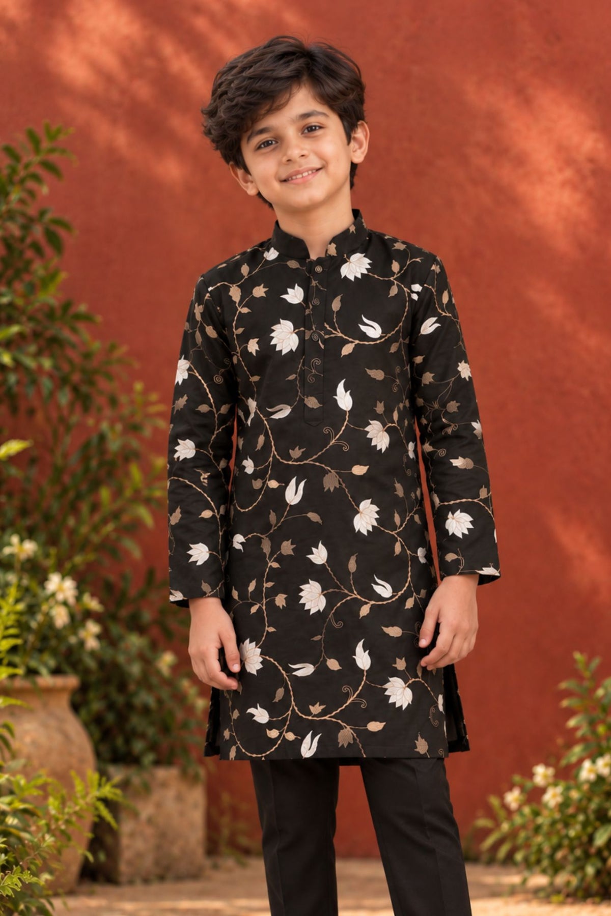 Boys Black Kurta Pajama Set with Floral Gota Patti And Sequin Work