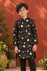 Boys Black Kurta Pajama Set with Floral Gota Patti And Sequin Work