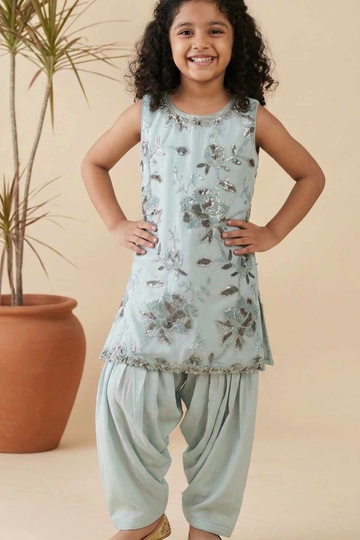 Ice Blue Floral Sequin Embroidered Patiala Set For Girls