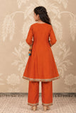 Orange Angrakha Kurti And Straight Pant Set For Girls