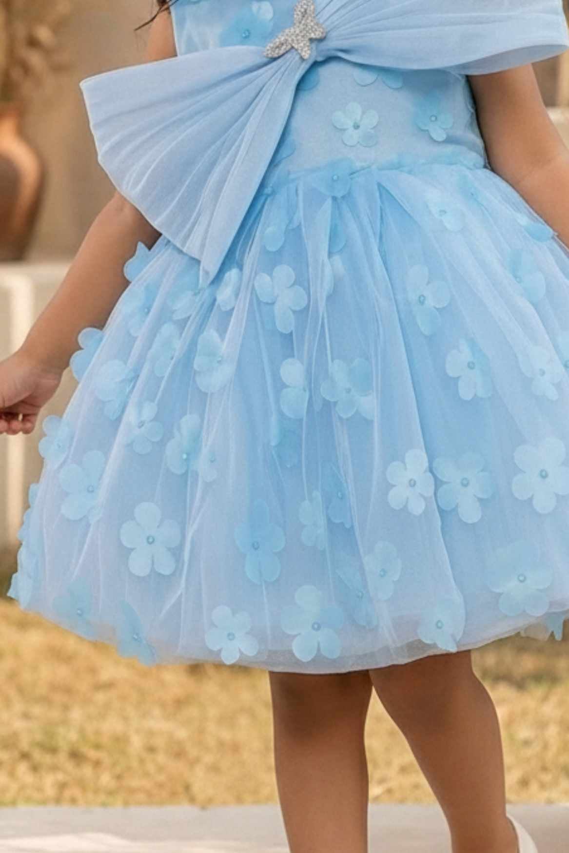 Blue 3D Floral Embellishments Party Wear Frock For Girls