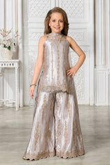 Girls Elegant Silver Grey With Gold Decorative Vertical Motif Embroidered Palazzo Set