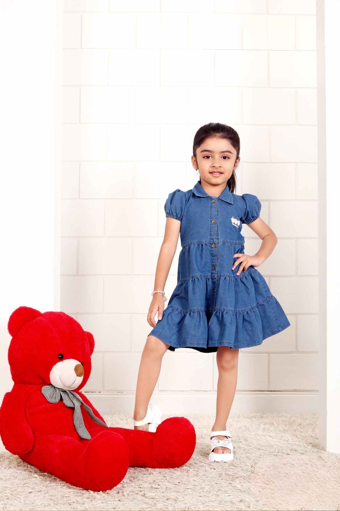 Classic Blue Denim Casual Dress For Girls