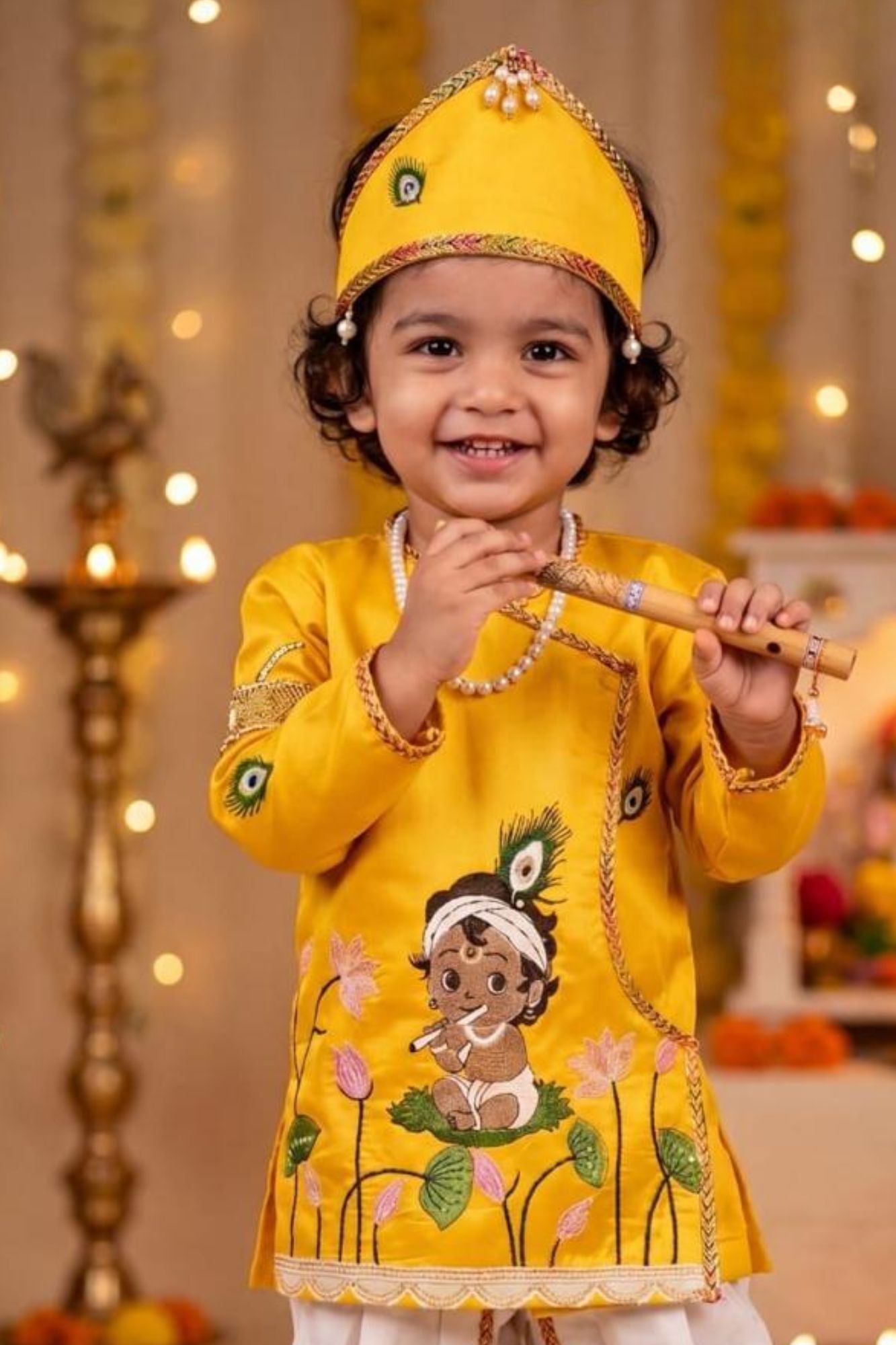 Boys Mustard Yellow Krishna Printed Dhoti Set with Accessories