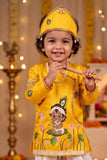 Boys Mustard Yellow Krishna Printed Dhoti Set with Accessories
