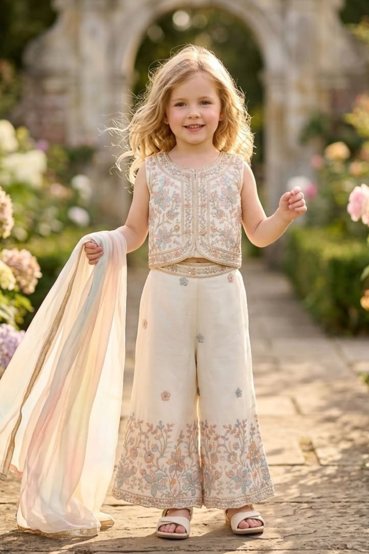 Girls Ivory Pastel Floral Embroidered Palazzo Set With Dupatta