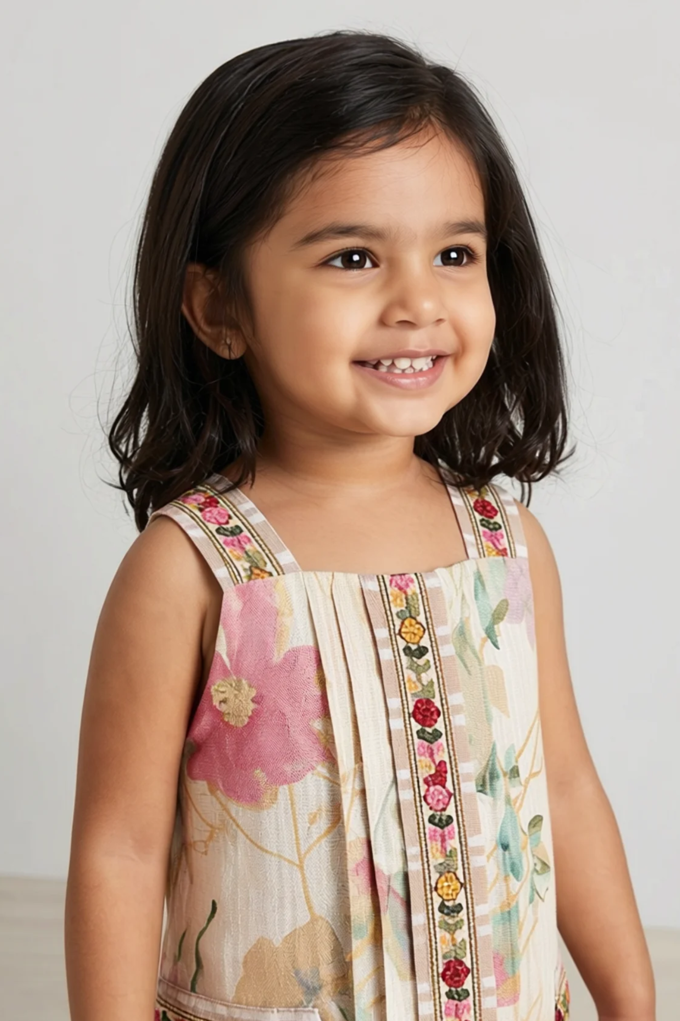 Girls Multicolor Floral Printed  Sleveless Dress with Embroidered Panel