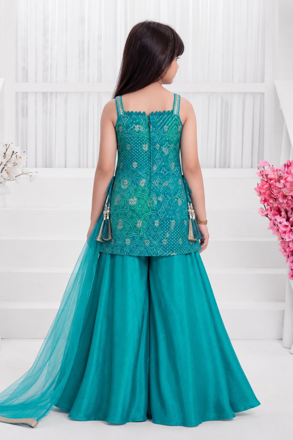 Rama Green Bandhani Brocade Mirror Work Palazzo Set with Dupatta For Girls