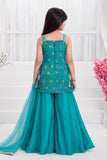 Rama Green Bandhani Brocade Mirror Work Palazzo Set with Dupatta For Girls