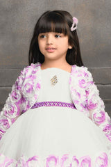 White Frock With Purple Floral Embellished For Girls