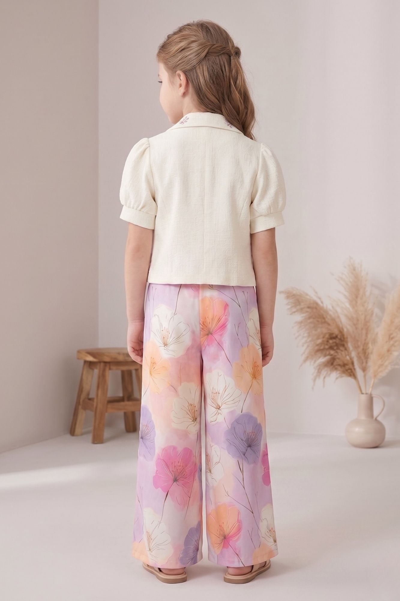 Girls White Floral Printed Co-Ord Set with Jacket and Wide-Leg Pants