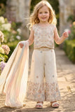 Girls Ivory Pastel Floral Embroidered Palazzo Set With Dupatta