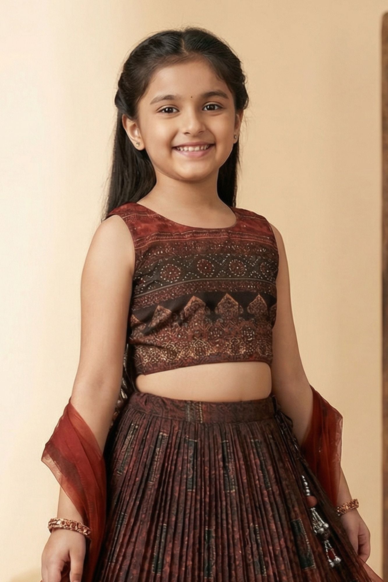 Brown Printed Crop Top with Pleated Lehenga and Dupatta For Girls