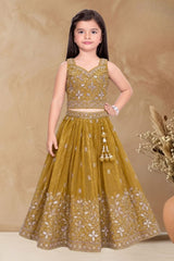 Girls Mustard Floral Embroidered Lehenga Choli Set With Dupatta
