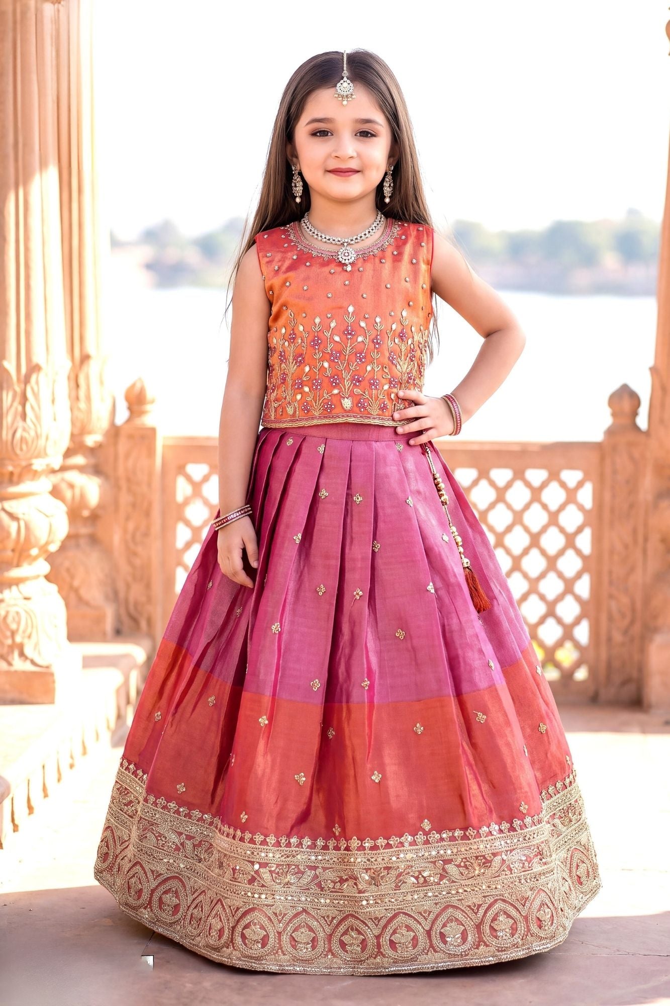 Rust & Pink Mirror Work Embroidered Lehenga Choli Set with Dupatta For Girls