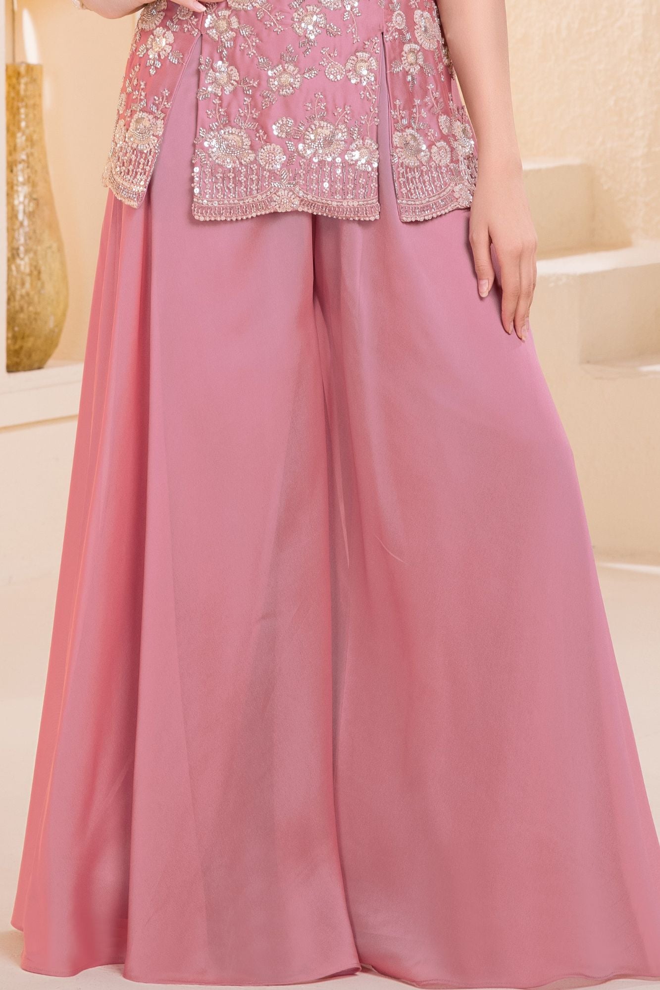 Pink Embroidered Georgette Palazzo Set For Girls