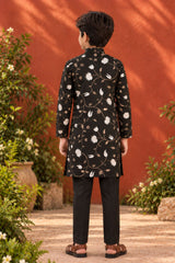 Boys Black Kurta Pajama Set with Floral Gota Patti And Sequin Work