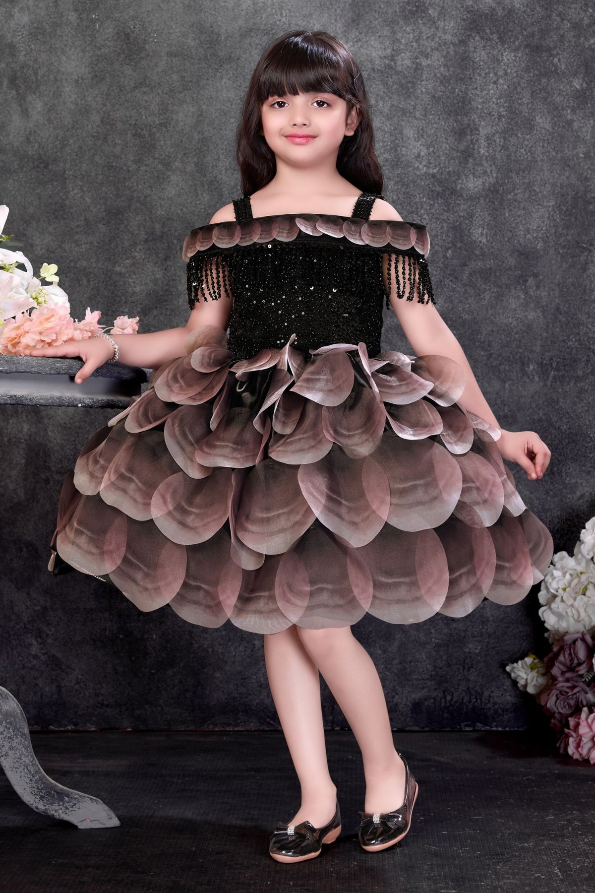 Girls Black Heavy Bead Embroidered With3D Floral Applique Party Dress
