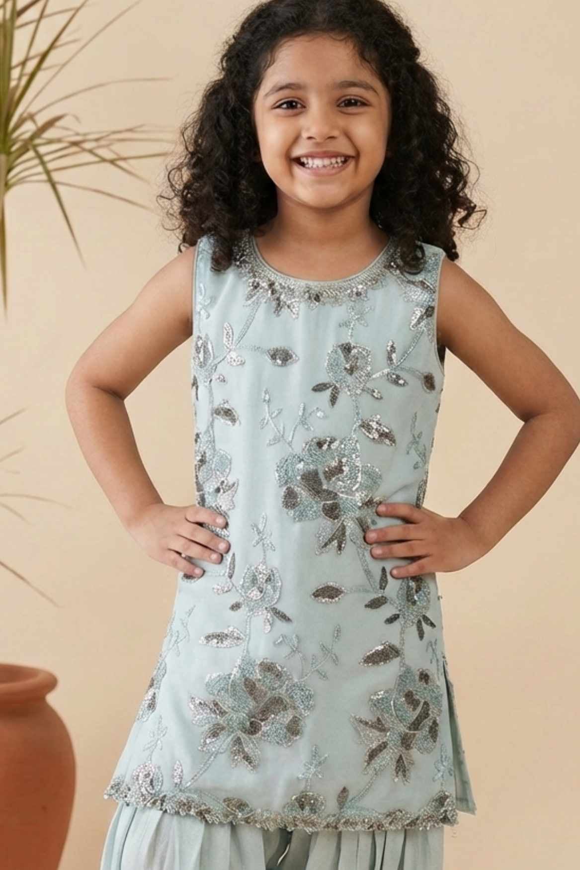 Ice Blue Floral Sequin Embroidered Patiala Set For Girls