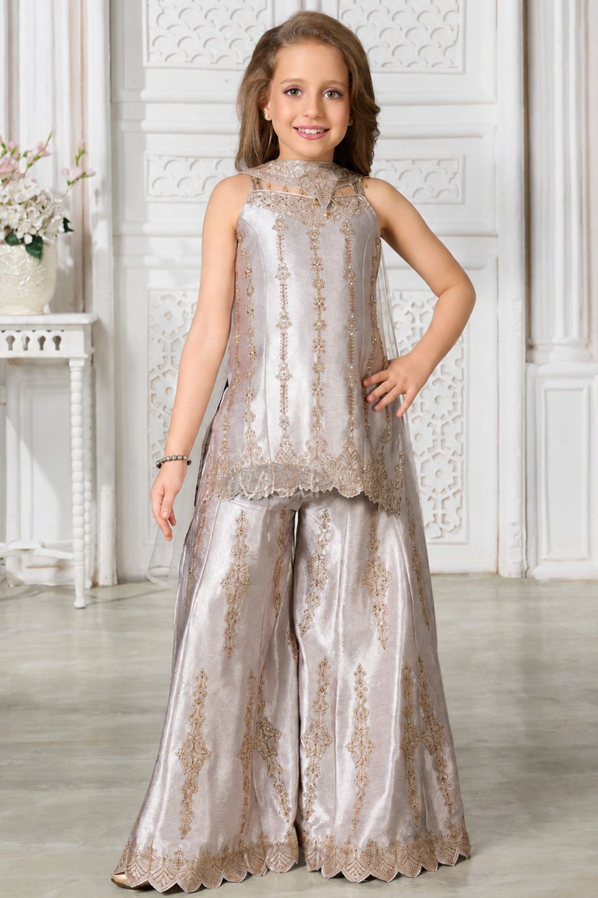 Girls Elegant Silver Grey With Gold Decorative Vertical Motif Embroidered Palazzo Set