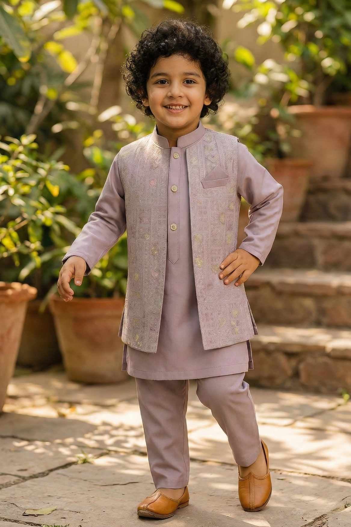 Lavender Kurta Set with Pastel Embroidered Nehru Jacket For Boys