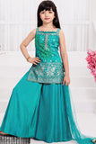 Rama Green Bandhani Brocade Mirror Work Palazzo Set with Dupatta For Girls