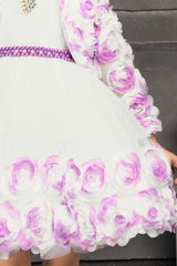 White Frock With Purple Floral Embellished For Girls