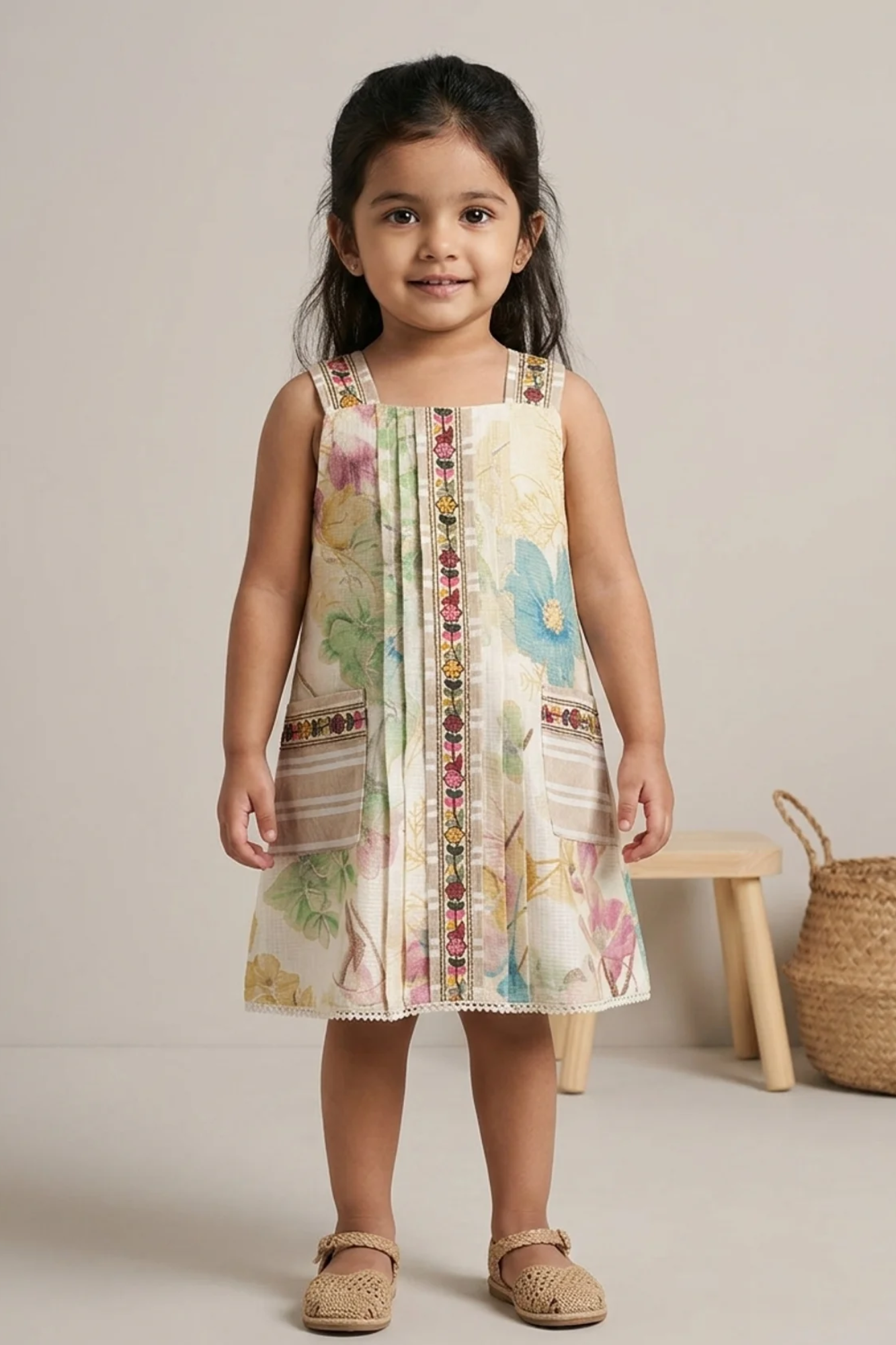 Girls Multicolor Floral Printed Dress with Embroidered Panel