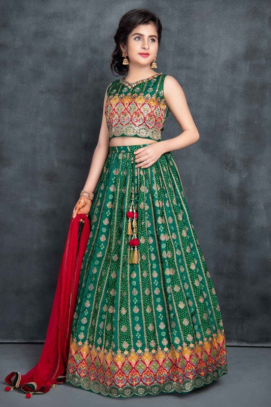 Elegant Green Sequin And Printed Ghagra Choli With Dupatta For Girls