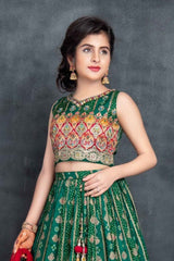 Elegant Green Sequin And Printed Ghagra Choli With Dupatta For Girls