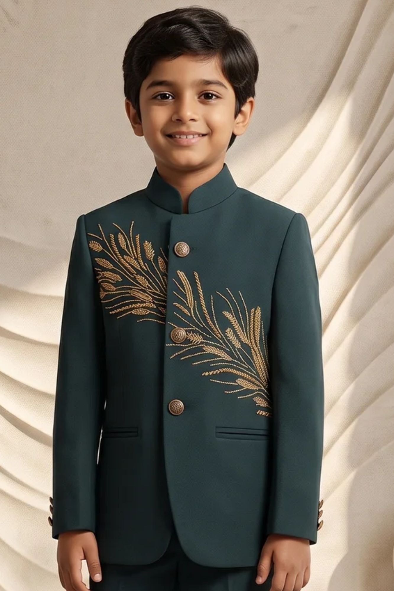 Boys Teal Green Jodhpuri Suit With Gold Bead Embroidery