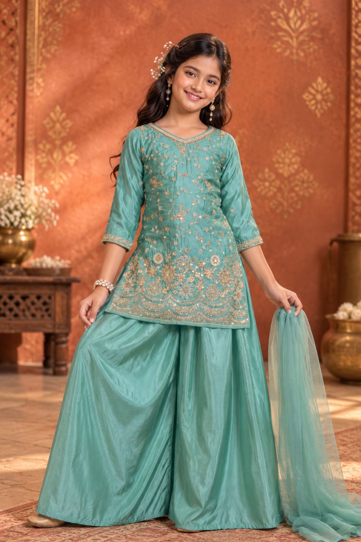 Sea Green Embroidered Palazzo Set with Dupatta For Girls